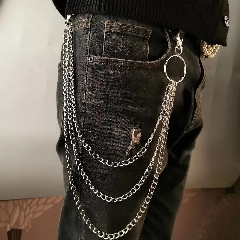 Silvery Punk Hip Hop Pants, Trousers, Men's Fashion Metal Key Lock Waist Chain Pendant Pants Key Chain for Men and Jeans Bag,Temu