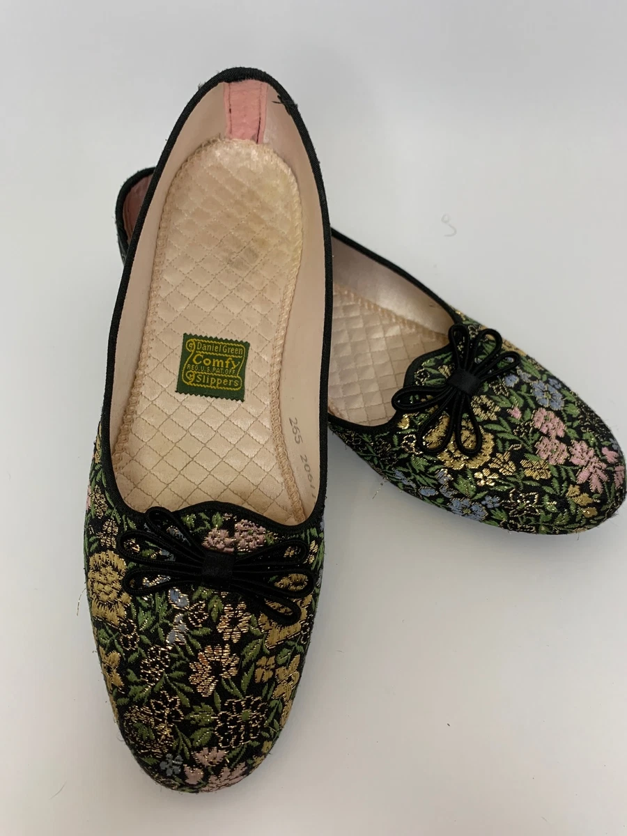 Vintage Daniel Green Floral Brocade Comfy Slip On Slippers Size 6.5 B