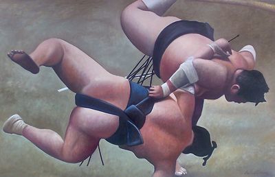 HERVORRAGENDES ORIGINAL ANTONIO SCIACCA ÖL AUF LEINWAND JAPAN SUMO RINGER GEMÄLDE