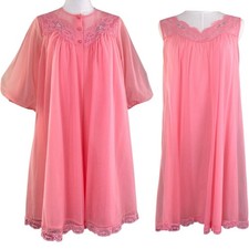 Vintage 60's Shadowline Coral Nylon Chiffon Peignoir Gown Robe Set Size Small
