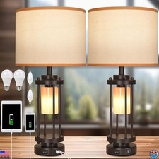 Set of 2 Rustic Farmhouse Table Lamps with USB C  A Ports, Industrial Night
