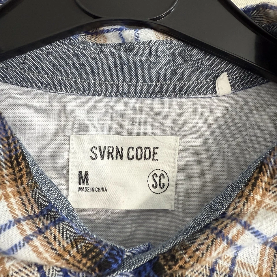 SVRN Sovereign Code Mens Shirt Medium Blue Plaid Flannel Button Up - Image 3 of 4
