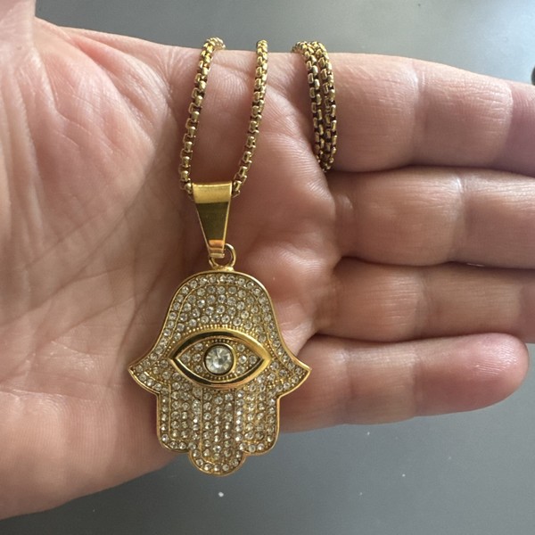 Alternate view of Gold Plated Hamsa Eye Cubic Pendant Inch Necklace Religious Faith