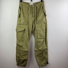Zara Green Cargo Pant Cotton Denim Drawstring Waist Army Zip Front Layer Size 38