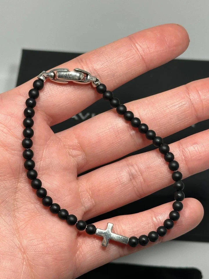 Auténtico DAVID YURMAN Hombre Negro Ónix Cuentas Cruz Pulsera Foto 4 de 4