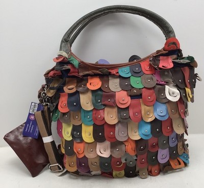 Amerileather Pink Rainbow Peacock Leather Shoulder Tote W/ Dark Green Handles