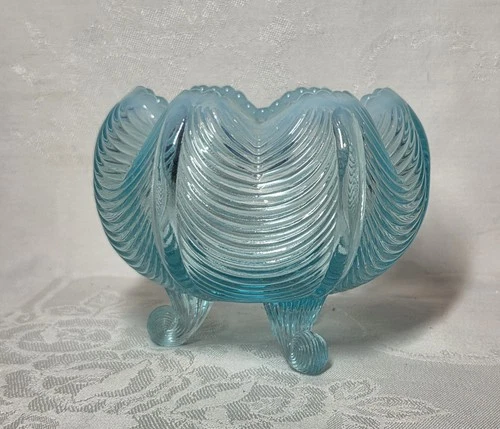 Vintage Fenton Blue Opalescent Glass Drape Drapery 3 Toed Footed Rose Bowl Vase