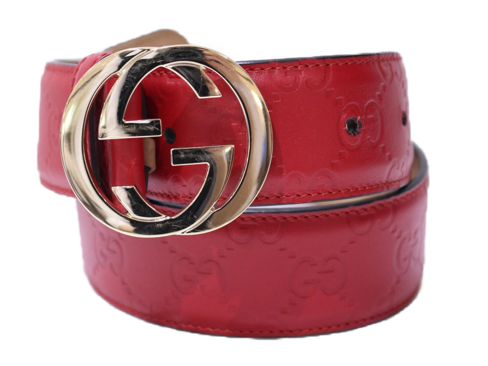 Boîte avec sac tissu Gucci signature ceinture cuir 370543 Guccishima rouge 75/30 appr