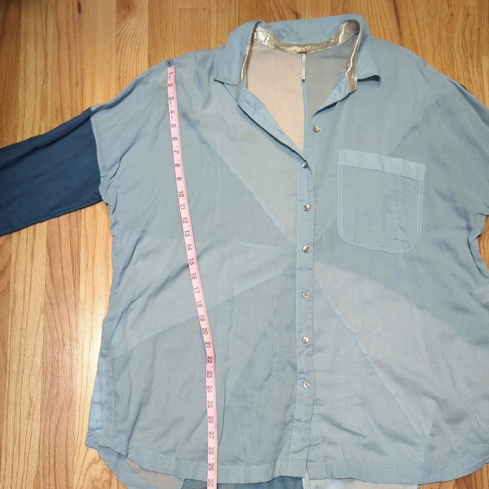 Free People Rainbow Rays Patchwork Blue Button Up… - image 5