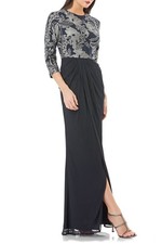 JS Collections Metallic Embroidered Column Gown Sz 10 Navy Silver