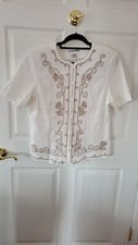 Alfred Dunner Blazer Top Womens sz14, 6 Button Embroidery Cream