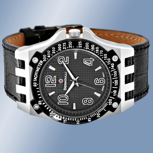 NEW Bernoulli 9724 Mens Polaris Wide Black Leather Textured Dial Watch manly wow - Picture 3 of 3
