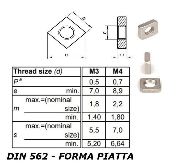 DADI QUADRI IN ACCIAIO INOX M3 M4 M5 M6 M8 M10 M12 DADI QUADRATI DIN 562 DIN 557 - Immagine 2 di 4
