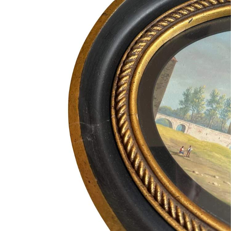 Antique Italian Gouache Landscape – Framed Under Glass – 13" x 11" Oval - Image 3 of 4