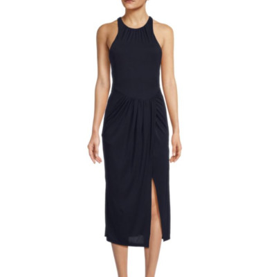 Cinq à Sept Lezlie Gathered Midi Dress Midnight Navy Blue Sz 8 Retails $365 NWT