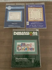 LOT OF 3 VINTAGE CROSS STITCH KITS DIMENSIONS, NEEDLES N HOOPS