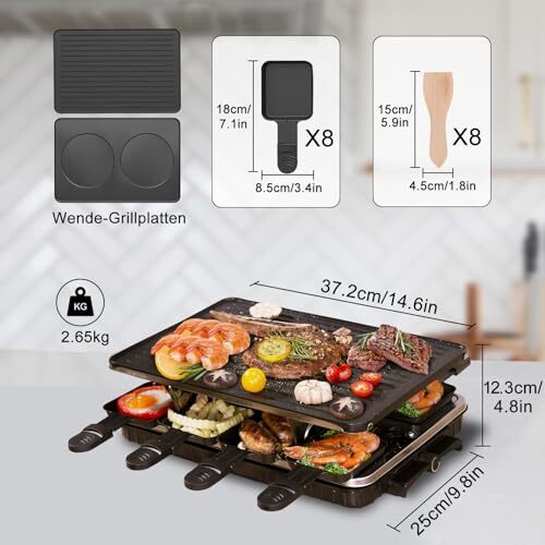Gril raclette 1300W performant avec plaque antiadhésive réversible et système de cuisson sans fumée