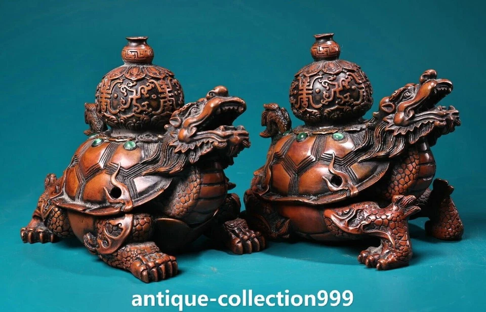 6" Old Red Copper Inlay Gems Dragon Turtle Gourd Incense Burner Censer Pair - Image 2 of 4