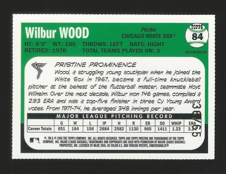 2005 Topps Pristine Wilbur Wood White Sox #84 Gold Refractor Super Rare Sp 36/65 - Image 2 of 2