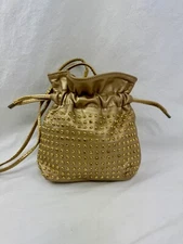 Vintage Gold Studded Cinched Bucket Bag with Shoulder Strap