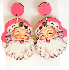2" NEW VINTAGE-LOOK PINKISH SANTA CLAUS WOODEN CHRISTMAS DROP DANGLE EARRINGS