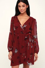 Lulus Floral Burgandy Red Long Sleeve Mini Dress Womens Size Small