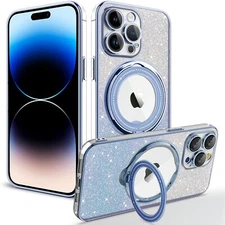 For iPhone 16 15 14 13 12 11 Pro Max Glitter Clear Magnetic Case with Ring Stand