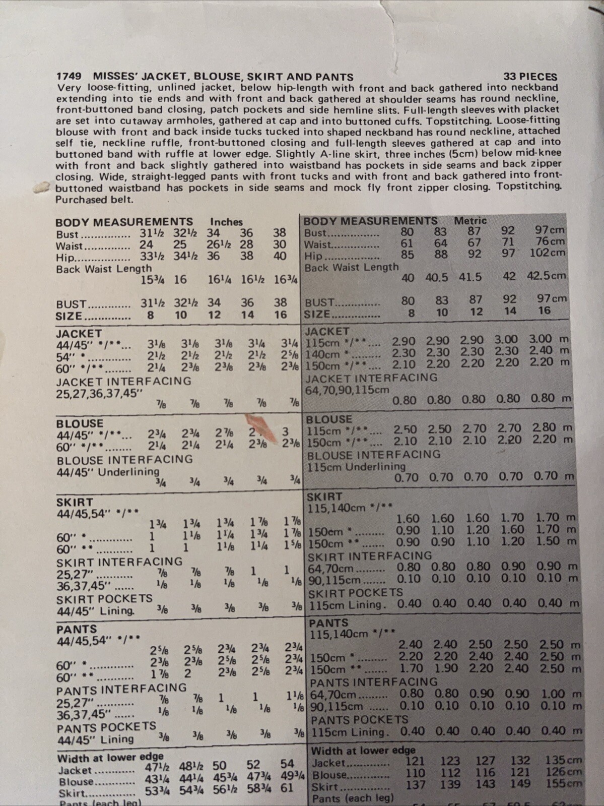 VOGUE 1749 Modello Yves Saint Laurent 10 NON TAGLIATI Giacca Camicia Camicia Pantaloni