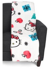 Hello Kitty Christmas Bows And Santa Hat White Throw Blanket 60 x 70 NWT