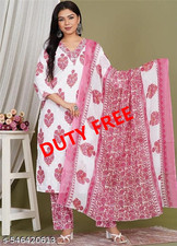 Indian Women Floral Printed Kurti Pant Dupatta set Dress Girls Ready to Wear