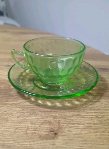 Vintage Federal Glass Thumbprint Uranium Glass Cup and Saucer Set - GVC
