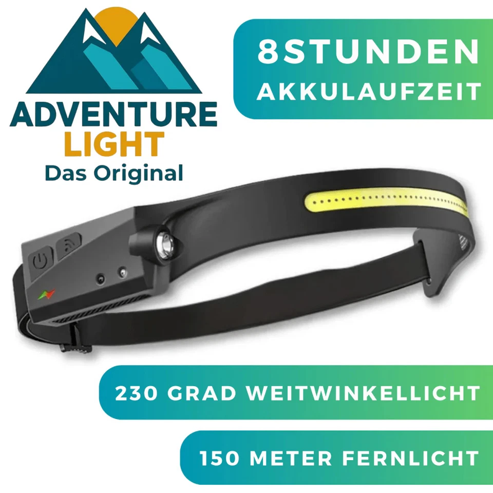 ADVENTURE™ Light Stirnlampe LED Kopflampe Wiederaufladbar Bewegungssensor Akku