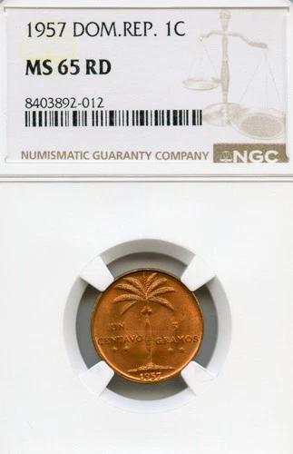 DOMINICAN REPUBLIC 1 CENTAVO COPPER 1957 MS-65 RED NGC GEM BEAUTY