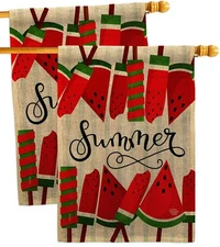 Sweet Watermelon Burlap House Flag - 2 pcs Pack Summer Fun In The Sun Beach P...