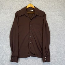 Vintage Dagger Collar Disco 70s Button Up Shirt Men's Medium Brown Long Sleeve