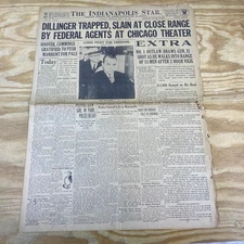 1934 Indianapolis Star EXTRA John Dillinger Killed Chicago Theater Gangster News