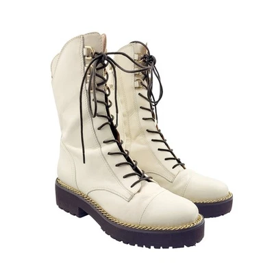 Botas de combate Sam Edelman de cuero marfil con cordones a mitad de la pantorrilla - Talla 7 - Imagen 1 de 4