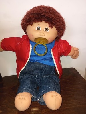 Vintage Cabbage patch y Curly Brown Hair Red Jacket Blue Shirt Denim Jeans