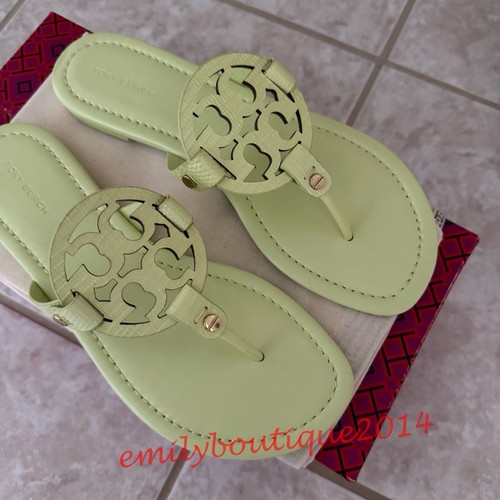 NIB Tory Burch Miller Size 8.5 Lime Leaf Embossed Leather Sandals Retail $198 - Picture 6 of 9