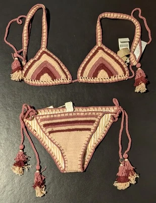 She Made Me Women's 2 Piece Crochet Bikini in Pink Purple Stripes Size S/M - NWT - Image 1 of 4