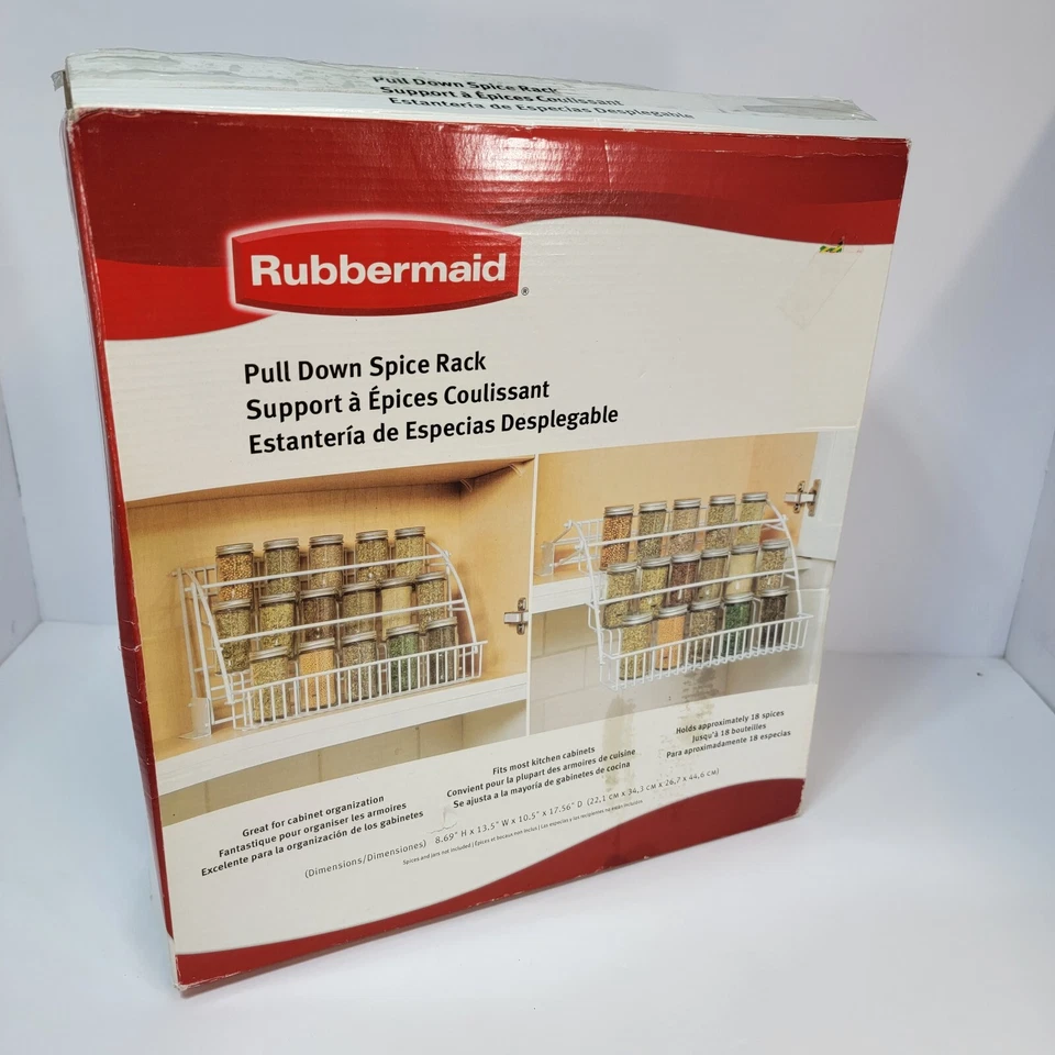 Vtg Rubbermaid 3 Shelf Pull Down Spice Rack 18 Jar Dated 2007 White Open Box - Image 2 of 4