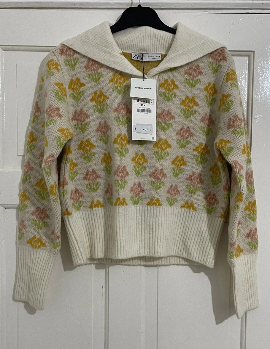 ZARA ECRU YELLOW SPECIAL EDITION WOOL BLEND COLLARED JACQUARD SWEATER SIZE S NEW
