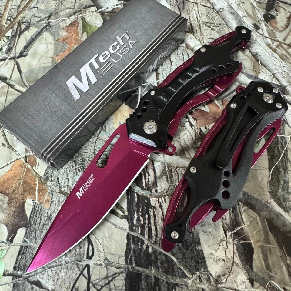 Faca tática 8" M-Tech abertura de mola lâmina magenta com abridor de garrafa - Imagem 3 de 4