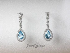 14K White Gold Natural Pear Blue Topaz and Diamonds Halo Dangle Earrings