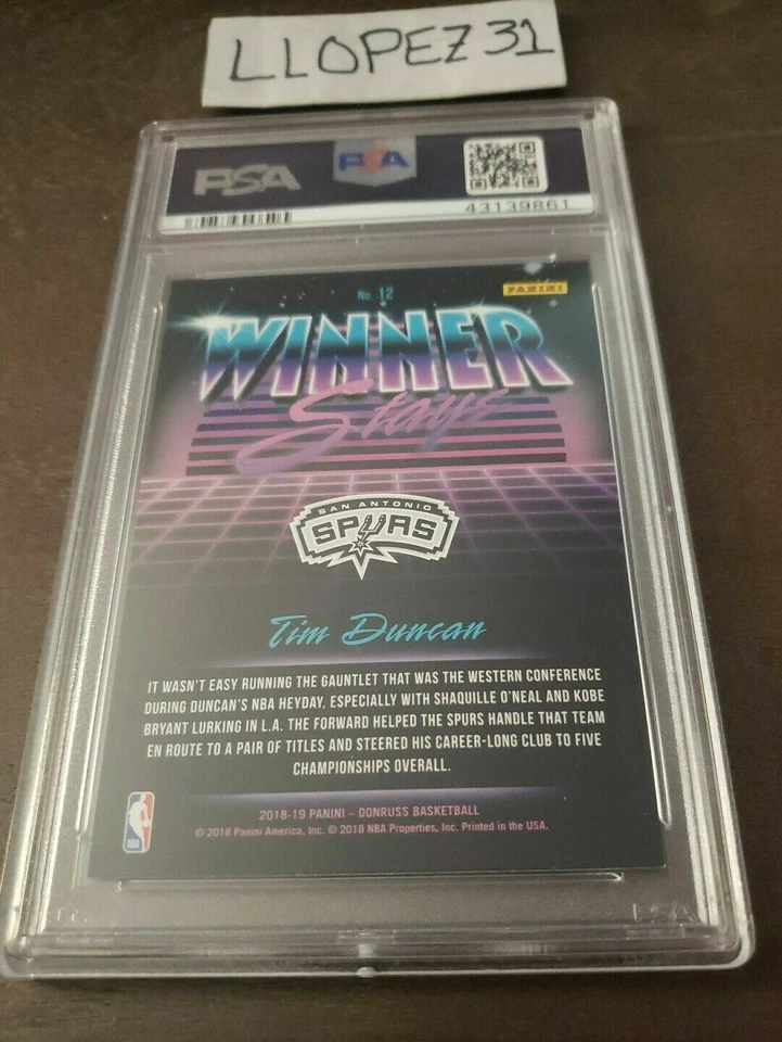 Tim Duncan 2018 Donruss Winner Stays Insert PSA 9*Pop 1* None higher! - Image 2 of 4