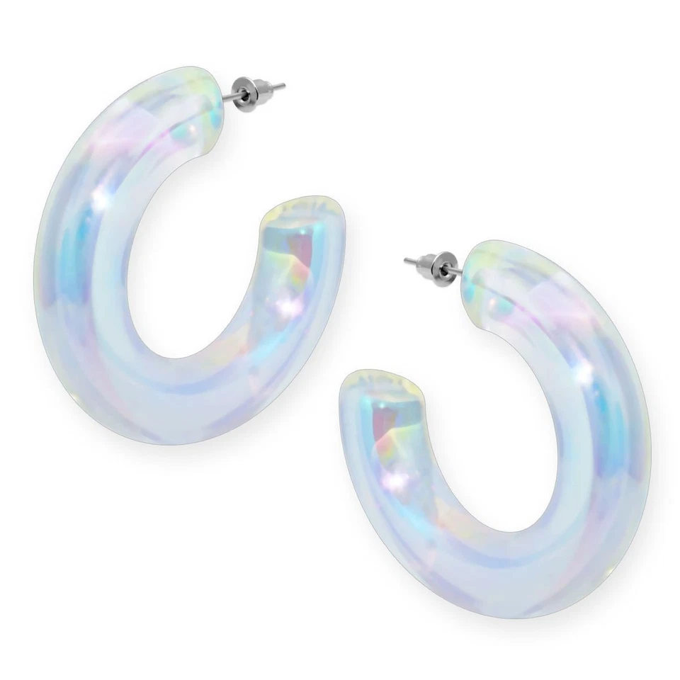 1 Paar Acryl Creolen Ohrstecker regenbogen irisierend Hoops Statement 80er Style - Bild 2 von 3