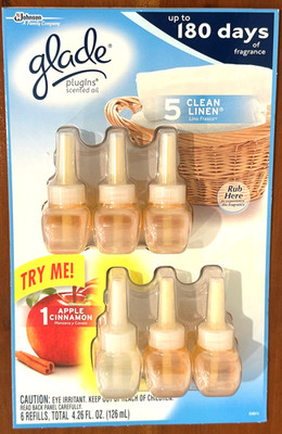 6 Glade Plugins Scented Oil Refil (5) Clean Linen (1) Apple Cinnamon
