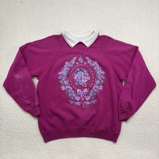Vintage Morning Sun Magenta Floral Granny Sweatshirt Collared Crewneck Size XL