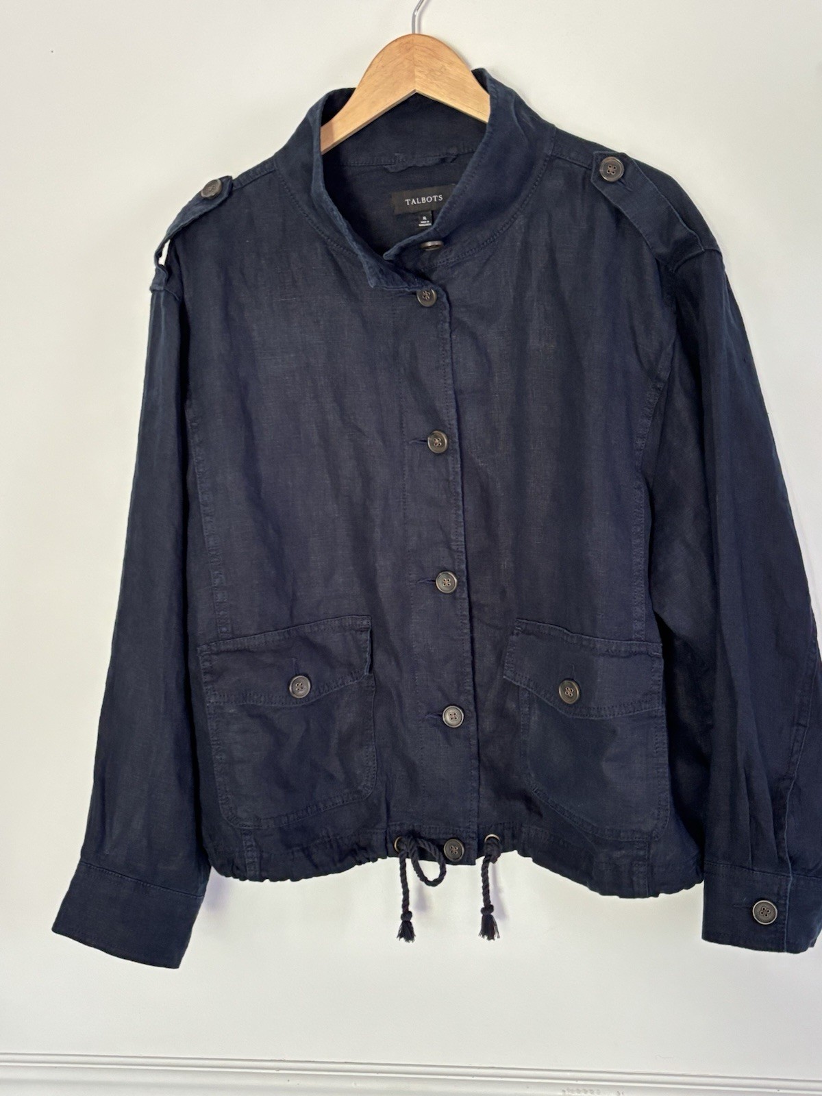 Talbots Women’s Navy Blue 100% Linen Button Front Utility Field Jacket XL n28