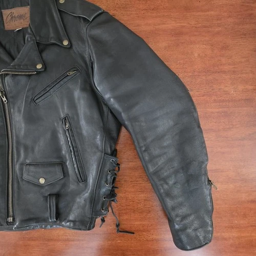 Vtg Custom Chrome Gear Large Leather Motorcycle Jacket Made In USA Talon Zippers image 13